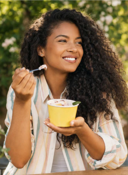 Woman eating an ice-cream rich in fiber